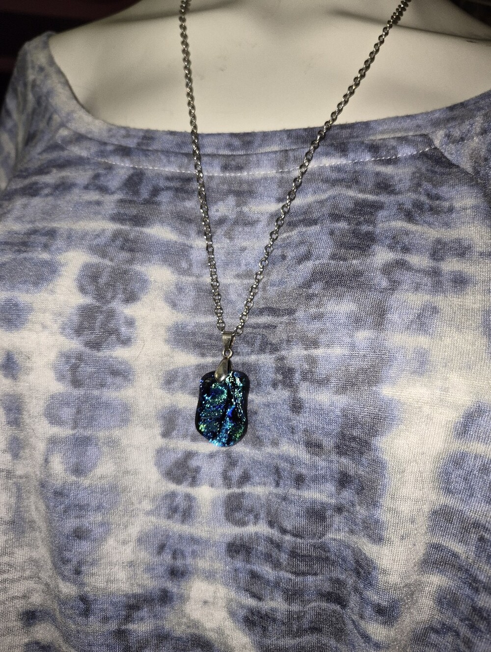 Handmade Dichroic Fused Glass Pendant Necklace Iridescent Blue And Green
